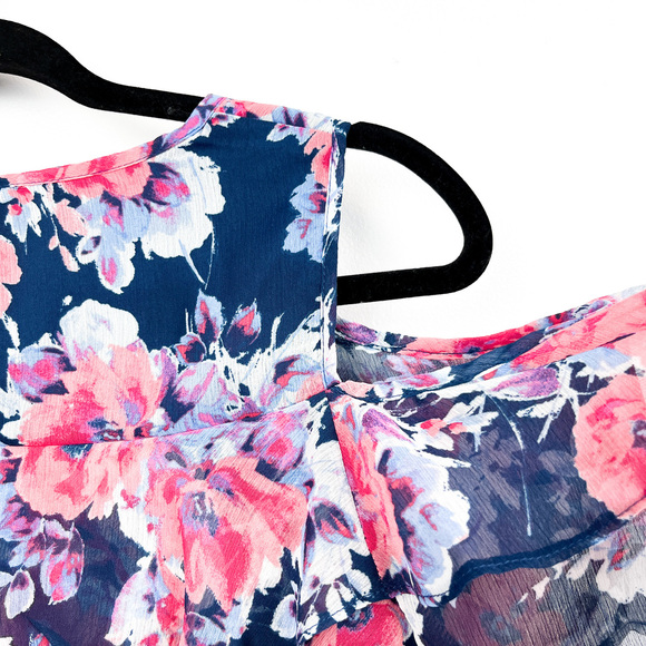 DenverHayes Short Sleeve Cold Shoulder Blue & Pink Floral Blouse - Picture 7 of 7